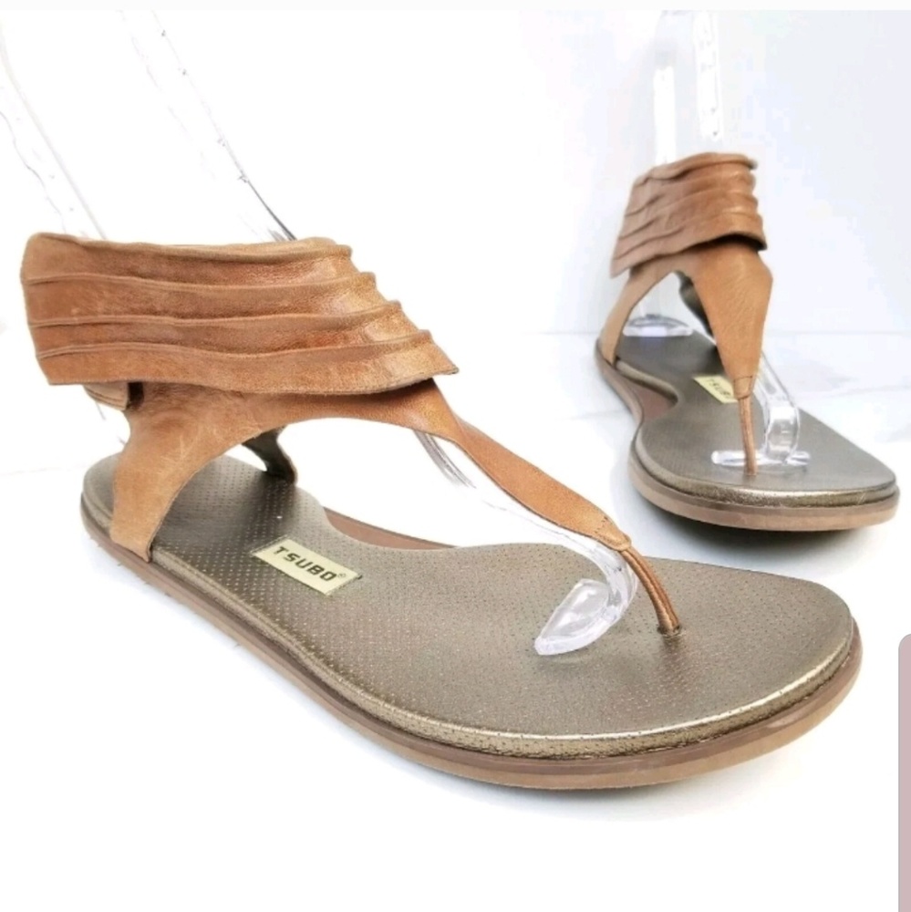 TSUBO Brown Leather Thong Sandals Flat Ankle Cuff